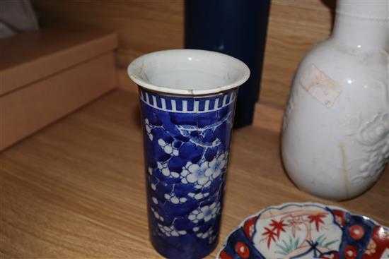 A quantity of mixed ceramics including a Burmantofts jardiniere, an Imari dish, etc.